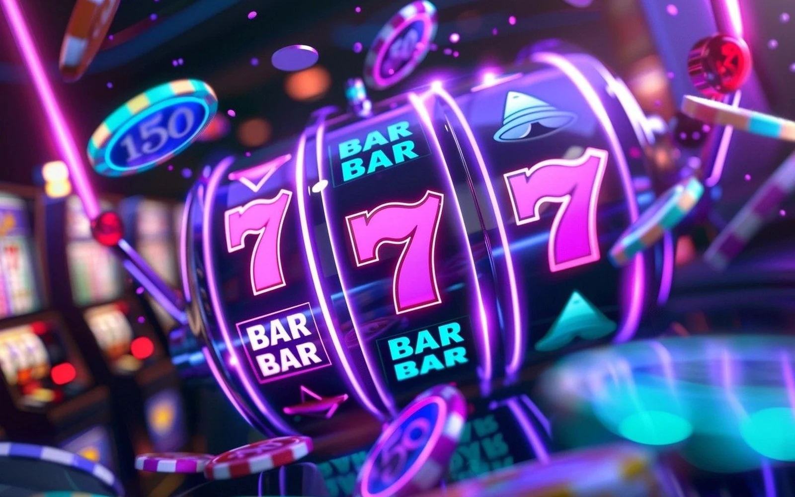 Tampilan slot digital dengan simbol berwarna dan efek cahaya